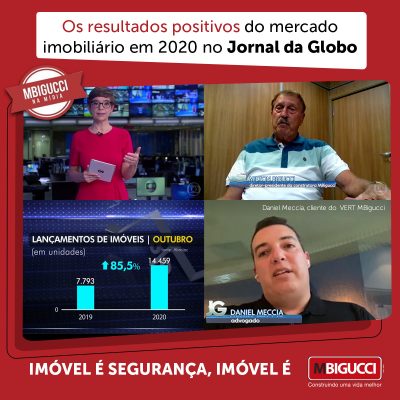 Composição de imagens extraídas da matéria no Jornal da Record expõe o cliente VERT MBigucci, Daniel Meccia e o presidente da construtora MBigucci, Milton Bigucci.