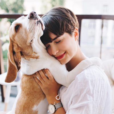 Cachorro Beagle é abraçado por uma mulher com cabelos castanhos curtos e blusa branca.