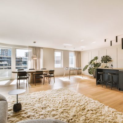Contemporary minimalist style interior design of light studio apartment with wooden table and chairs in dining zone between open kitchen and living room with white walls and parquet floor